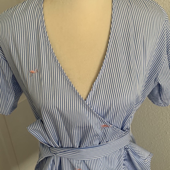 Blue and white striped Flamingo embroidered print wrap dress with ruffle bottom - Picture 4 of 12